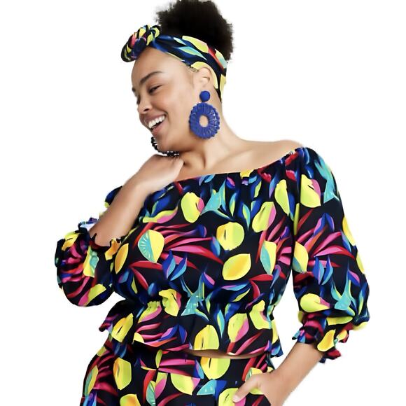 NWT Tabitha Brown x Target Womens Linen Lemon Print‎ Bardot Off Shoulder Top XXS - Picture 1 of 8